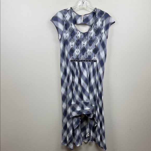 FREE PEOPLE “rad for plaid”Blue and White Plaid embroidered Dress with Cutout - Picture 2 of 13